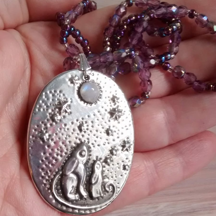 Moongazing Hares Pendant Necklace in Silver Pewter with Moonstone