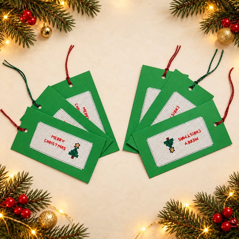 Six Large Handmade Cross-Stitch Gift Tags – Merry Christmas and Tree