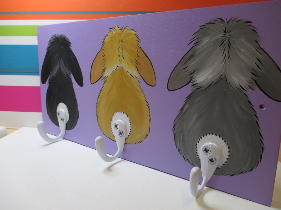 Coat Rack Rail Hand Hook Painted Wooden Bunny Rabbit Bottoms Lilac Original Art