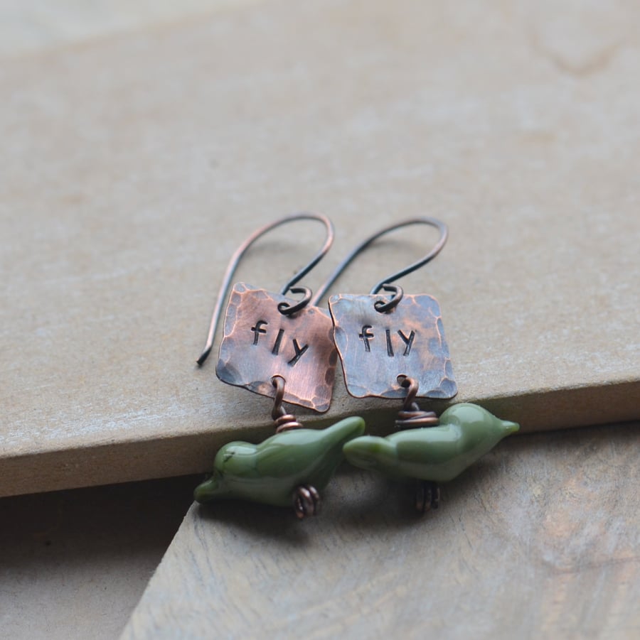 Copper Fly Earrings with Olive Green Lampwork Glass Birds