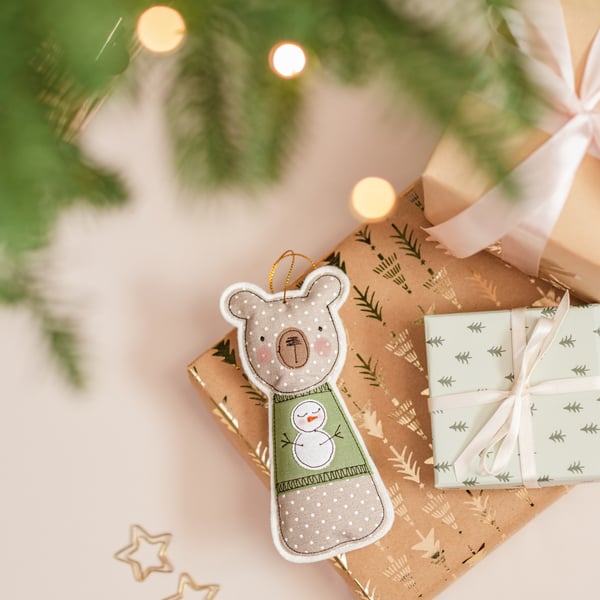 Embroidered Bear in Christmas Jumper Decoration