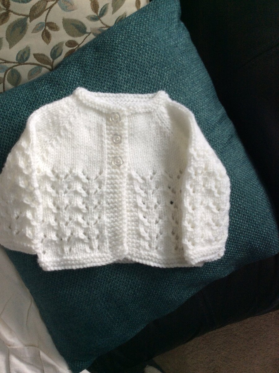 Sweet white hand knitted cardigan for new born to 3 months
