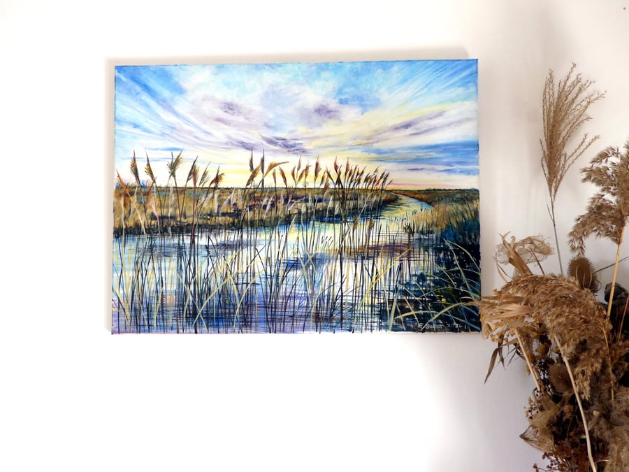 Big Sky Land and Skyscape Oil Painting : Ouse Fen Reeds and Wetlands