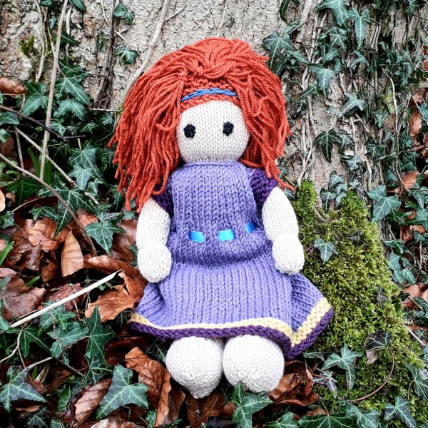 Doll. 12" Hand Knitted Doll Red Hair Doll Handmade in Wool With  Removable Dress