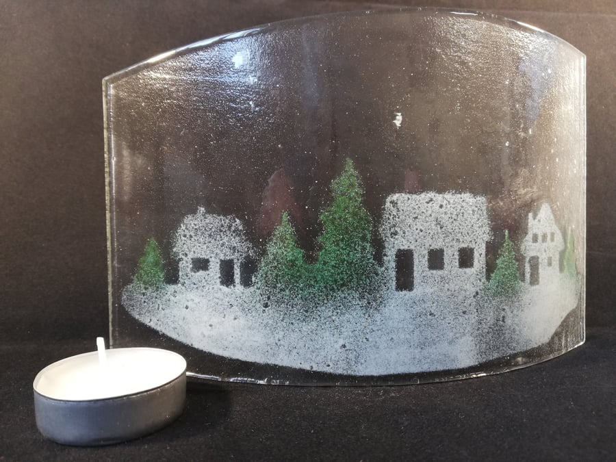 White Houses and Christmas trees fused glass freestanding candle screen 
