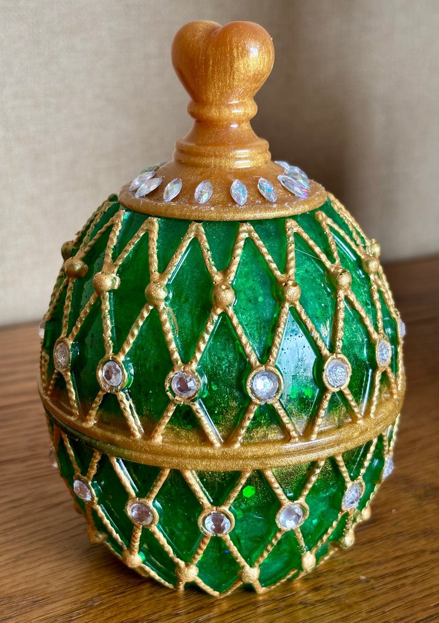 Handmade Egg-Shaped Green And Gold Resin Jewellery-Trinket Box, Ornament