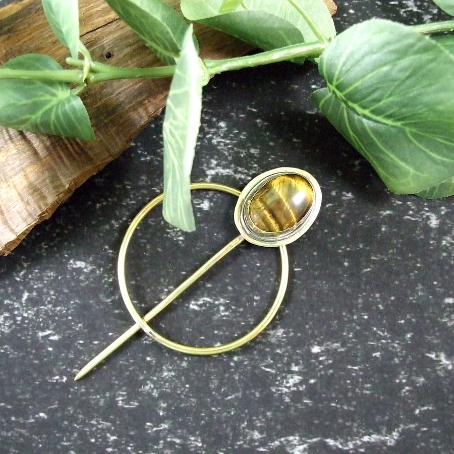 Shawl Pin, Brass & Silver with Tiger's Eye Cabachon for Scarf, Shawl or Wrap