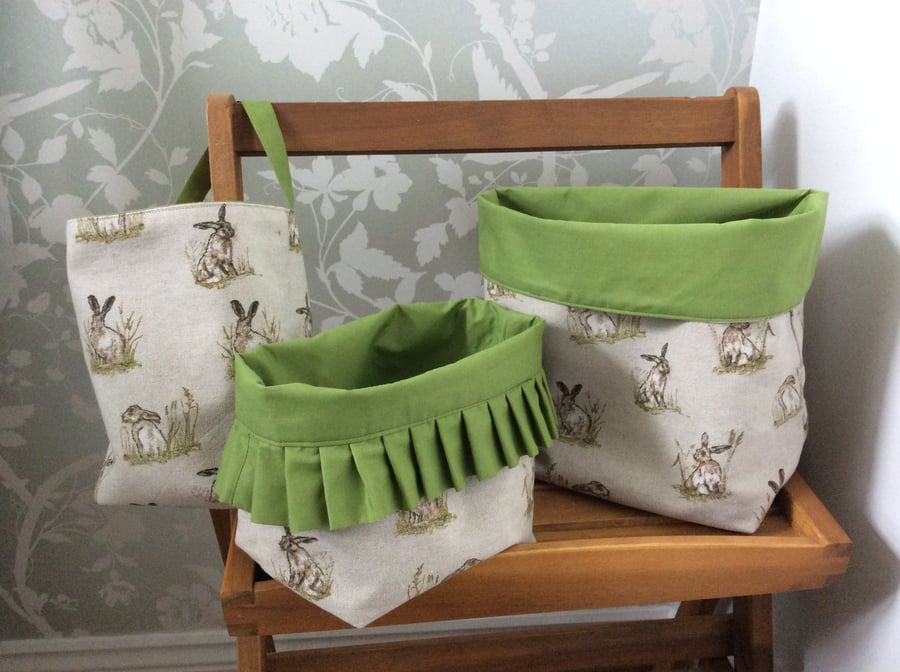 Set of 3 Hare fabric baskets