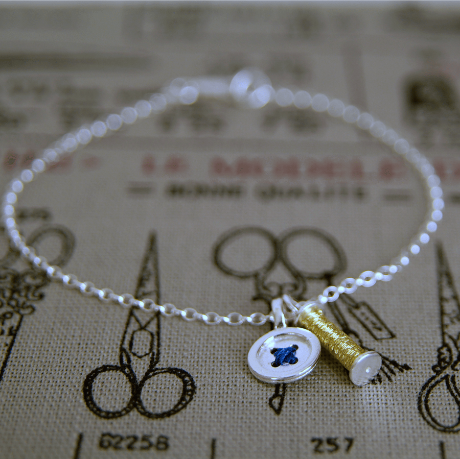 Bracelet with Sewing Charms, Cotton Reel & Button, Handmade in Sterling Silver