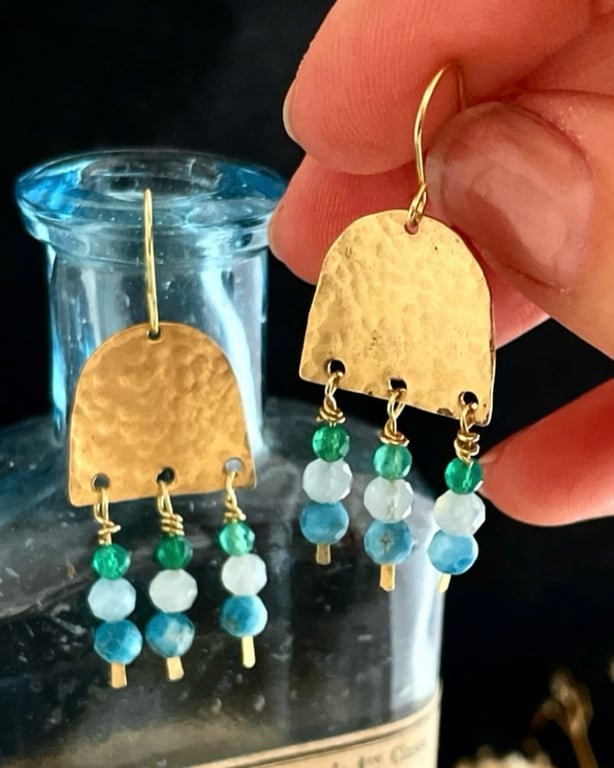 Boho Brass Earrings in Ocean Colours with Gemstones 