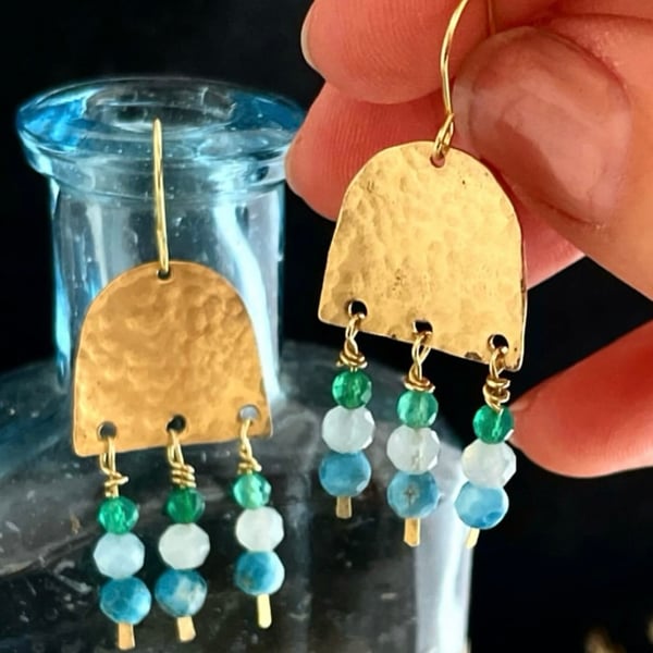Boho Brass Earrings in Ocean Colours with Gemstones 