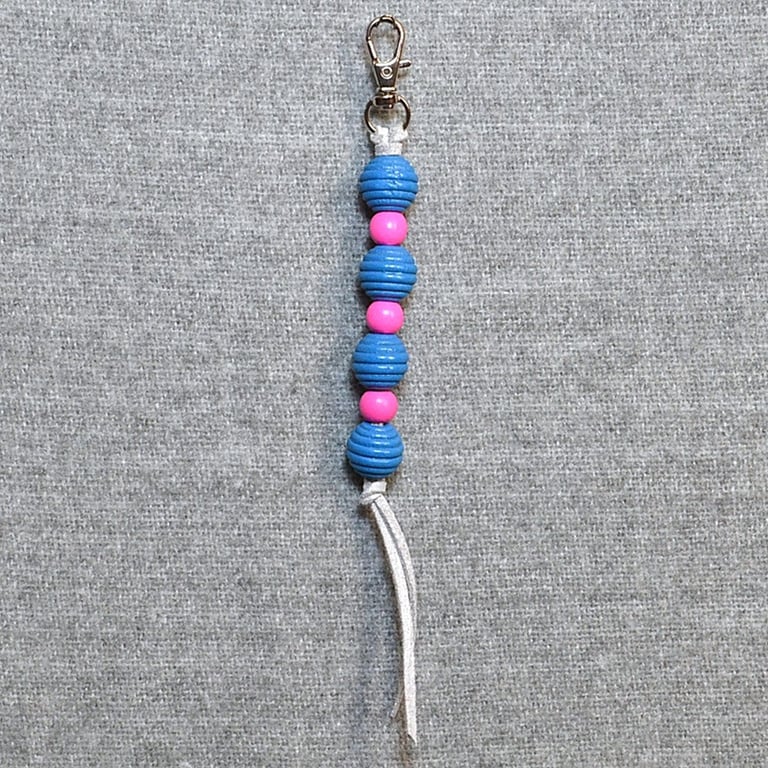 Bag Charm – Blue and Pink Wood Beads on Grey Suede Cord