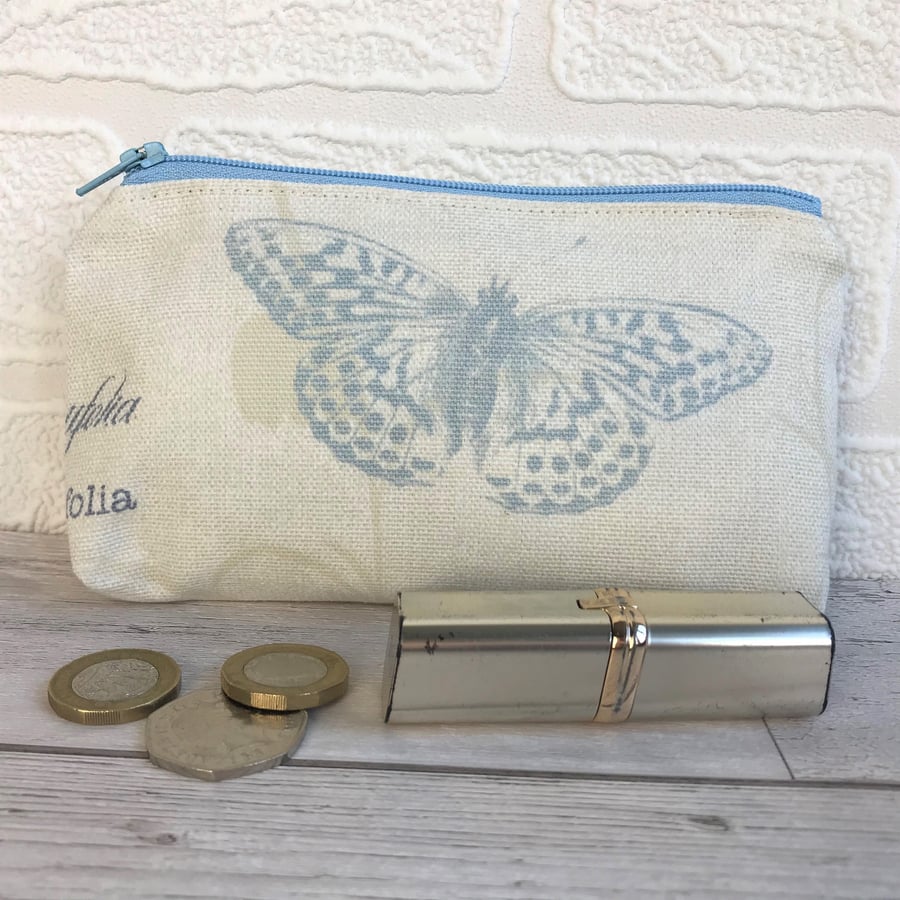 Large purse, coin purse in cream with pale blue butterfly