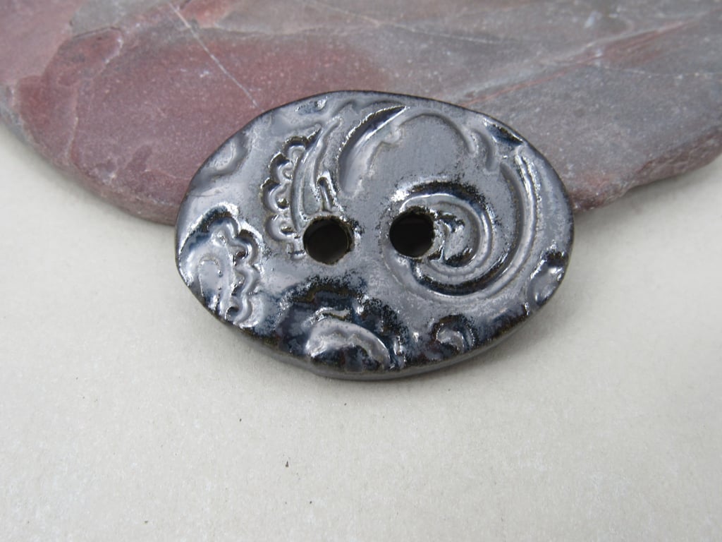 Large Metallic Silver Brocade Oval Handmade Ceramic Button