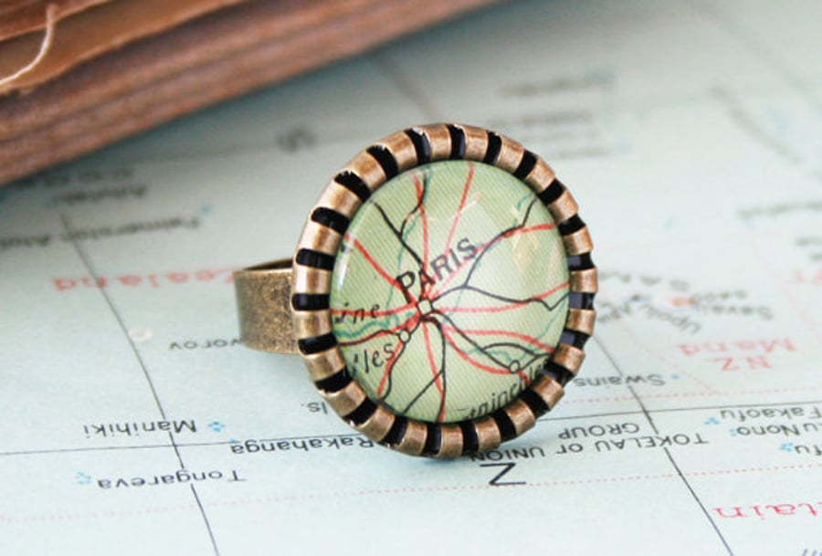 Ring with Map Personalized Adjustable ring bronze anniversary gift