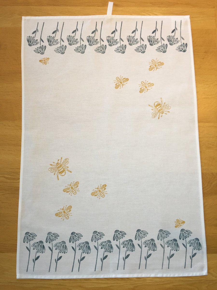 Hand Block Printed Tea Towel - Daisies and Bees