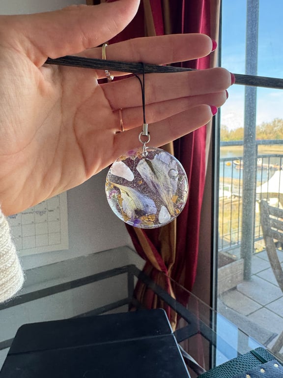 Pressed Flower, Gold Leaf and Rose Quartz Phone or Bag Charm