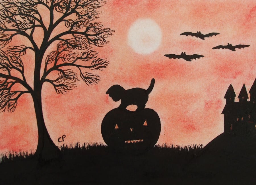 Halloween Card, Cat Pumpkin Silhouette Card, Black Cat Halloween Art Card, Bats