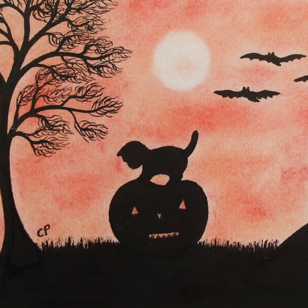 Halloween Card, Cat Pumpkin Silhouette Card, Black Cat Halloween Art Card, Bats