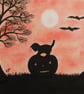 Halloween Card, Cat Pumpkin Silhouette Card, Black Cat Halloween Art Card, Bats - Image 1