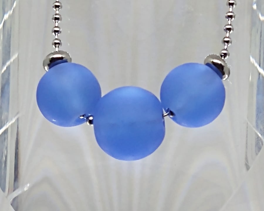 Trio Orb Necklace - Blue Frosted Sea Glass glass bead necklace lampwork