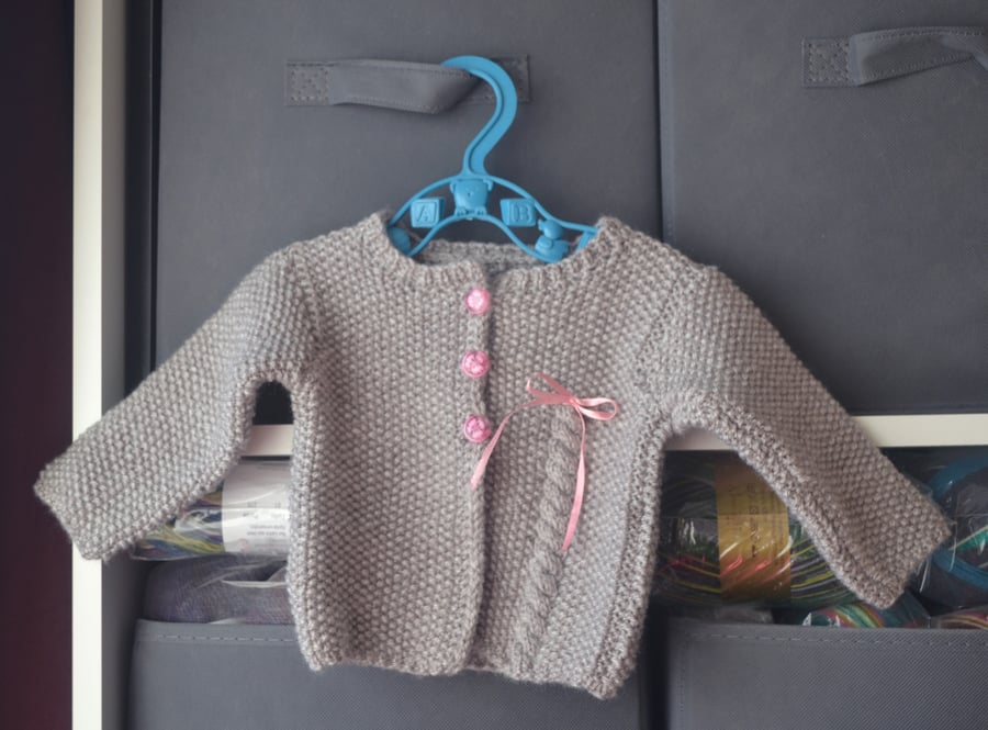 Hand Knitted Baby Cardigan Beige Pink Bow and Buttons 100%Acrylic 3-6 months