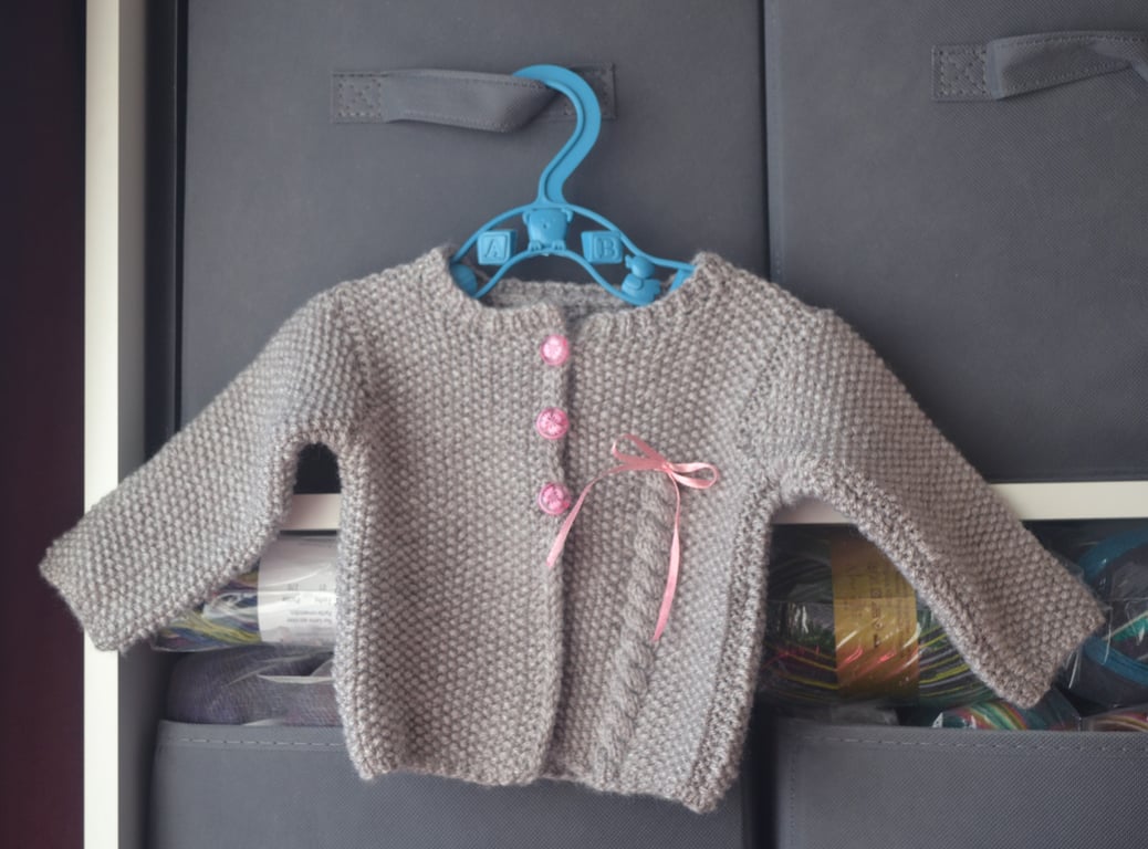 Hand Knitted Baby Cardigan Beige Pink Bow and Buttons 100%Acrylic 3-6 months