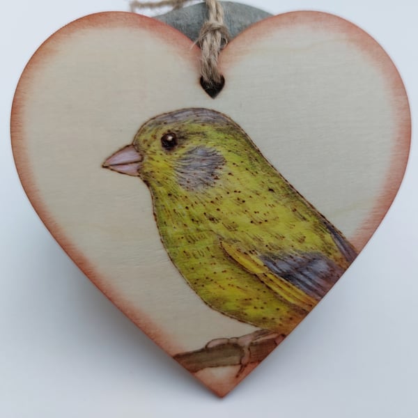 Greenfinch pyrography hanging heart 