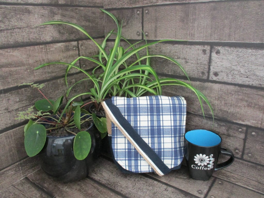 Upcycled Coffee Sack -  Mini Shoulder Bag -Blue and Cream check