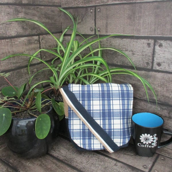 Upcycled Coffee Sack -  Mini Shoulder Bag -Blue and Cream check