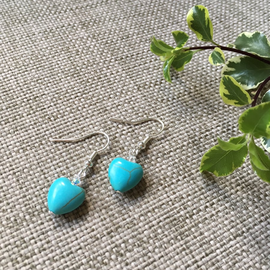 Turquoise Heart Earrings, with Swarovski crystal