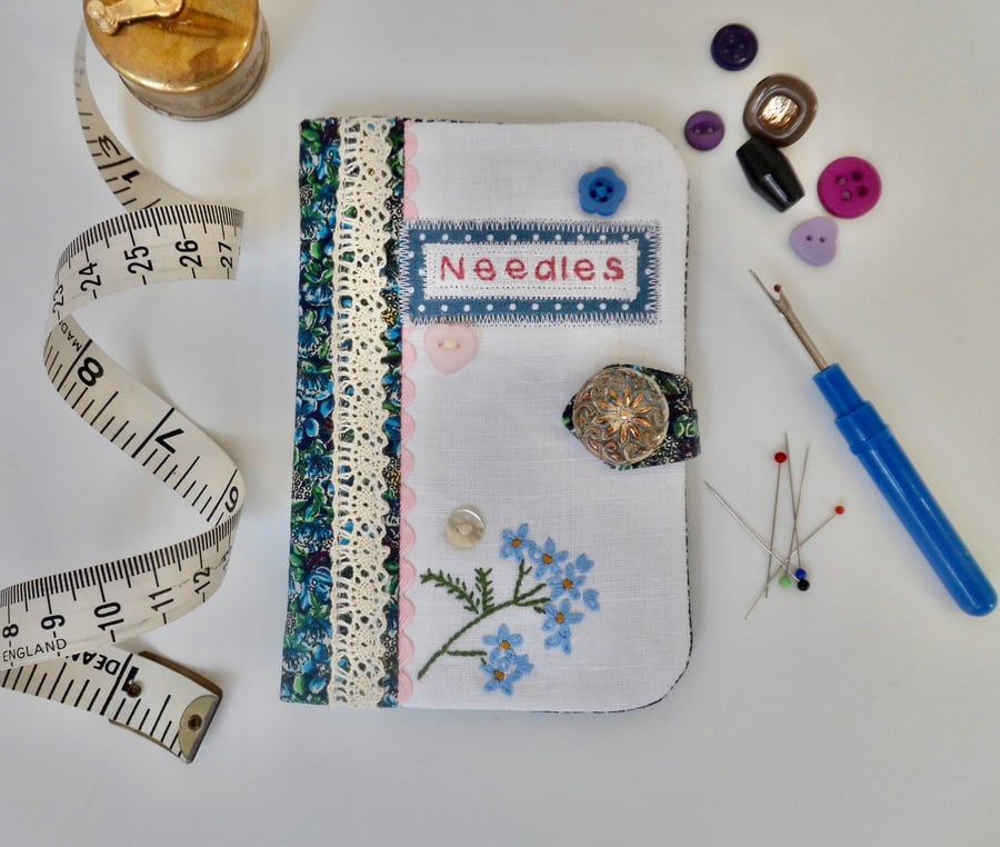 Sewing needle case with blue Liberty lawn and reclaimed embroidery 