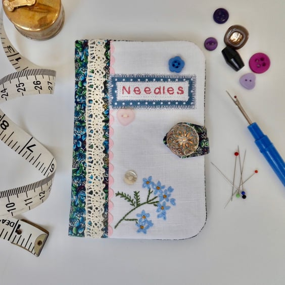 Sewing needle case with blue Liberty lawn and reclaimed embroidery 