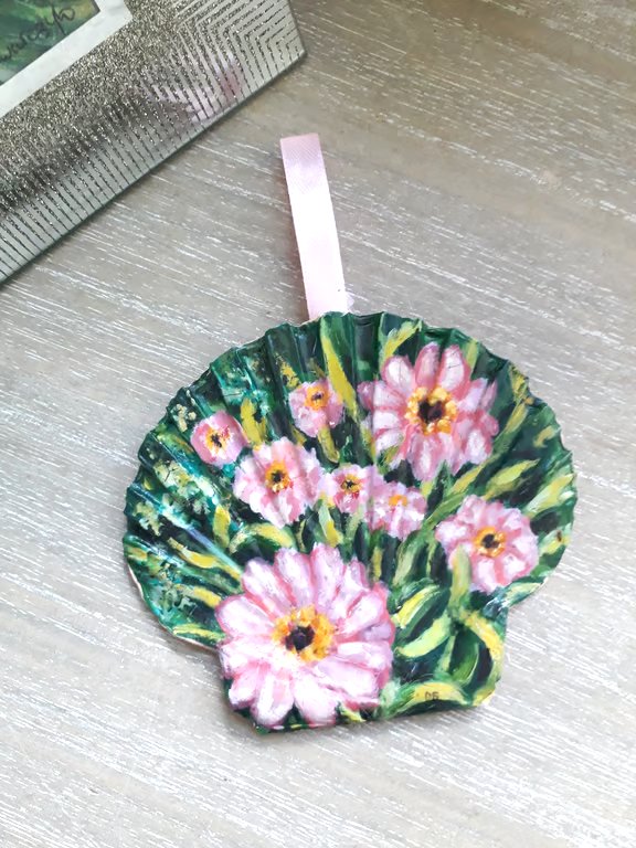 Pink zinnias, handpainted shell wall art.  