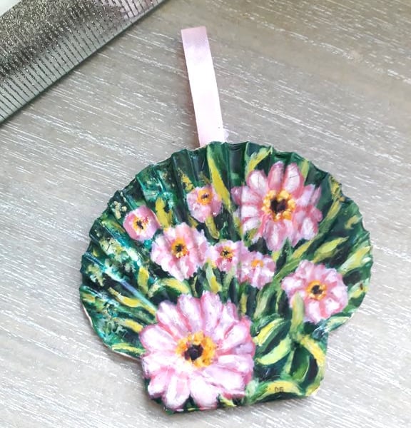 Pink zinnias, handpainted shell wall art.  