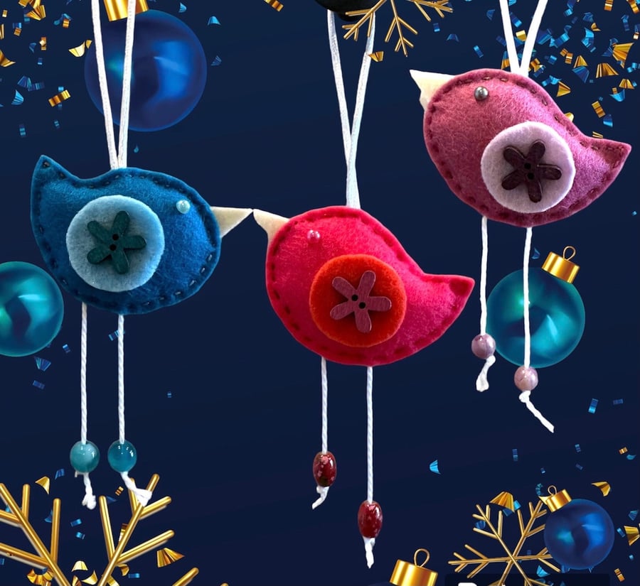 Hanging embroidered felt bird decorations, Sets of 3 different coloured themes. 