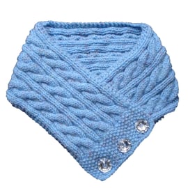 Neck Warmer Collar Scarf Pale Blue With Three Mock Crystal Buttons (R755)