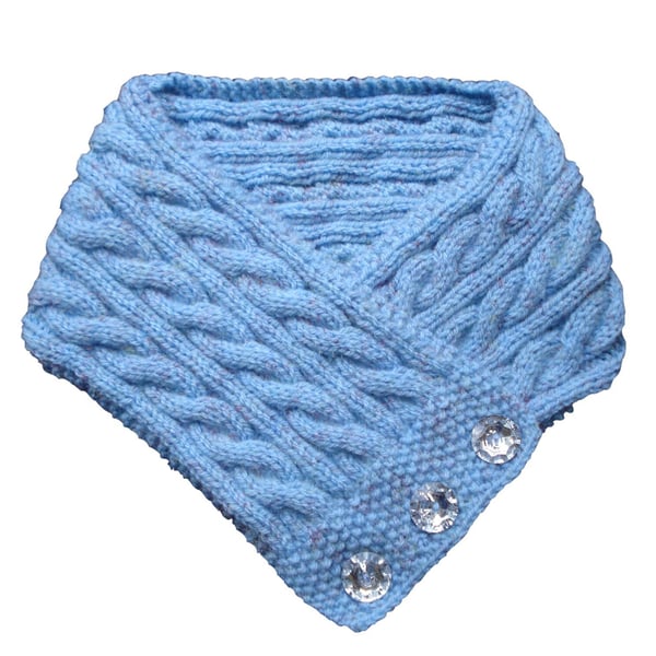 Neck Warmer Collar Scarf Pale Blue With Three Mock Crystal Buttons (R755)