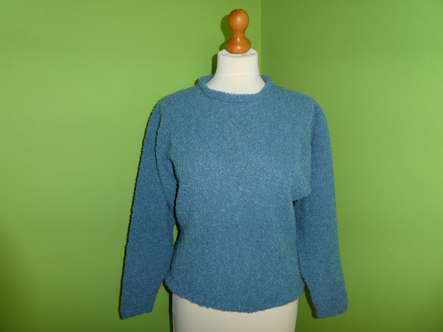 Blue Poodle Knit Jumper. Sideways Knit Womens' Jumper. Medium Sweater