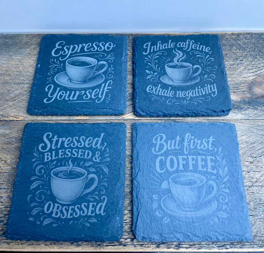 Set of 4 coffee themed slate coasters 