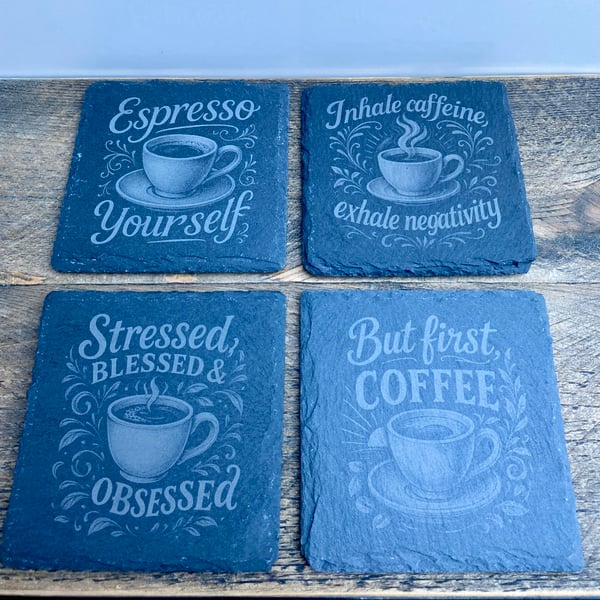 Set of 4 coffee themed slate coasters 