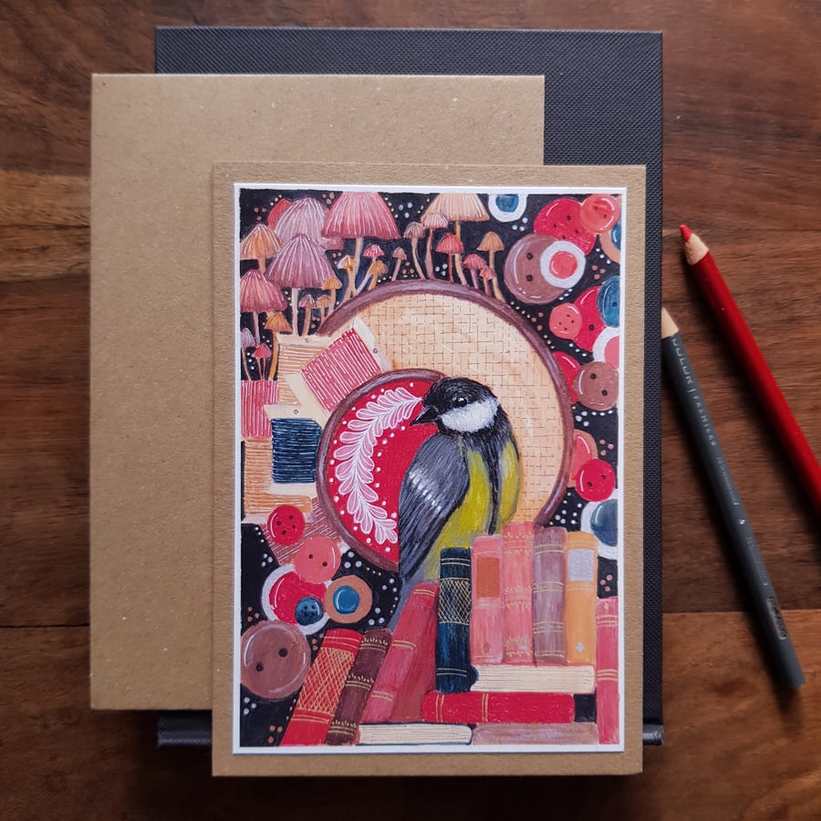 Great tit, mushrooms, books and buttons -blank card from original artwork 