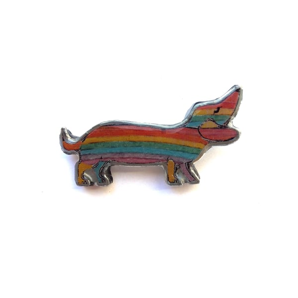 Rainbow Sausage Dog Dachshund Resin Pride Brooch by EllyMental Jewellery