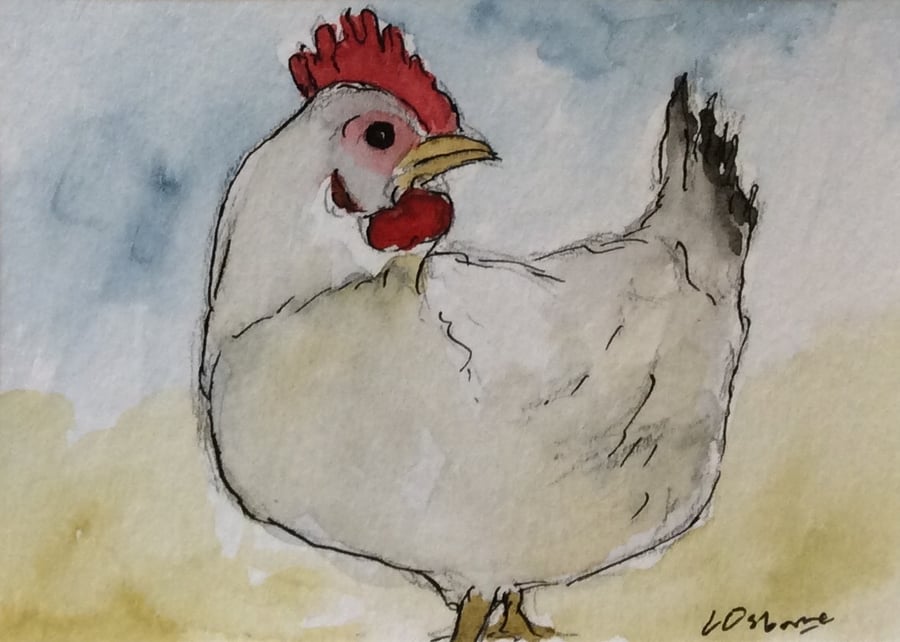 Where is dinner? - original pen, ink and watercolour of a chicken - Miniature.