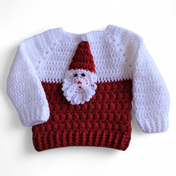 Handmade Crocheted Baby Jumper, Santa Face Knitwear, 0-3 Months Xmas Outfit