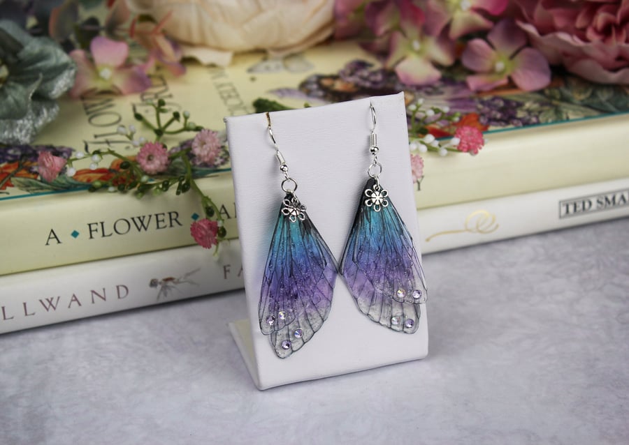 Beautiful Evening Sky Blue Purple Cicada Charm Fairy Wing Butterfly Earrings