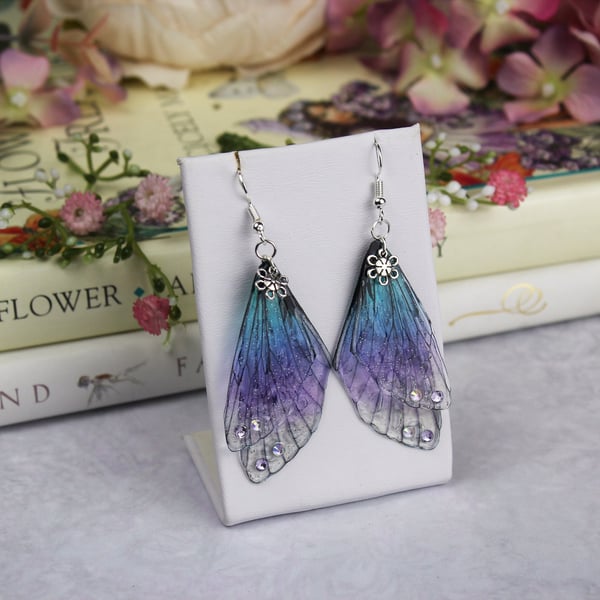 Beautiful Evening Sky Blue Purple Cicada Charm Fairy Wing Butterfly Earrings