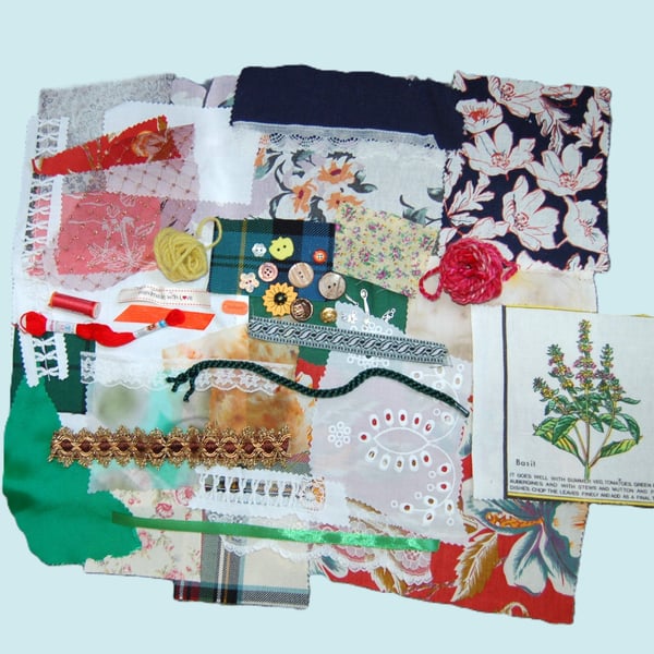 Eco slow stitching kit includes fabric, buttons, thread, needle, lace, ribbon