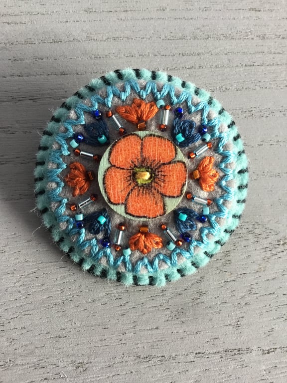 Hand Embroidered Orange Blossom Brooch 