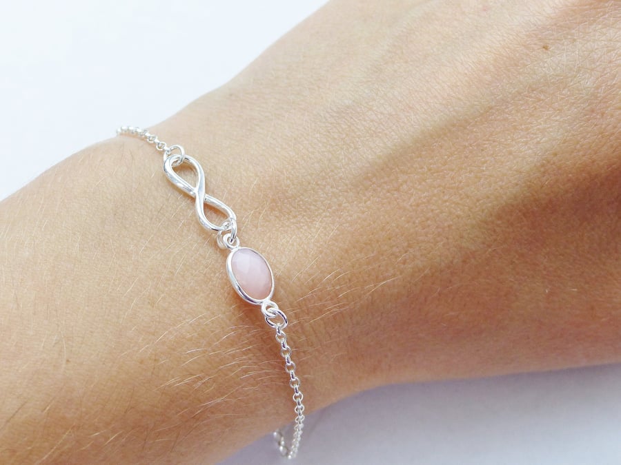 Pink Opal Sterling Silver Infinity Bracelet, October birthstone Gift